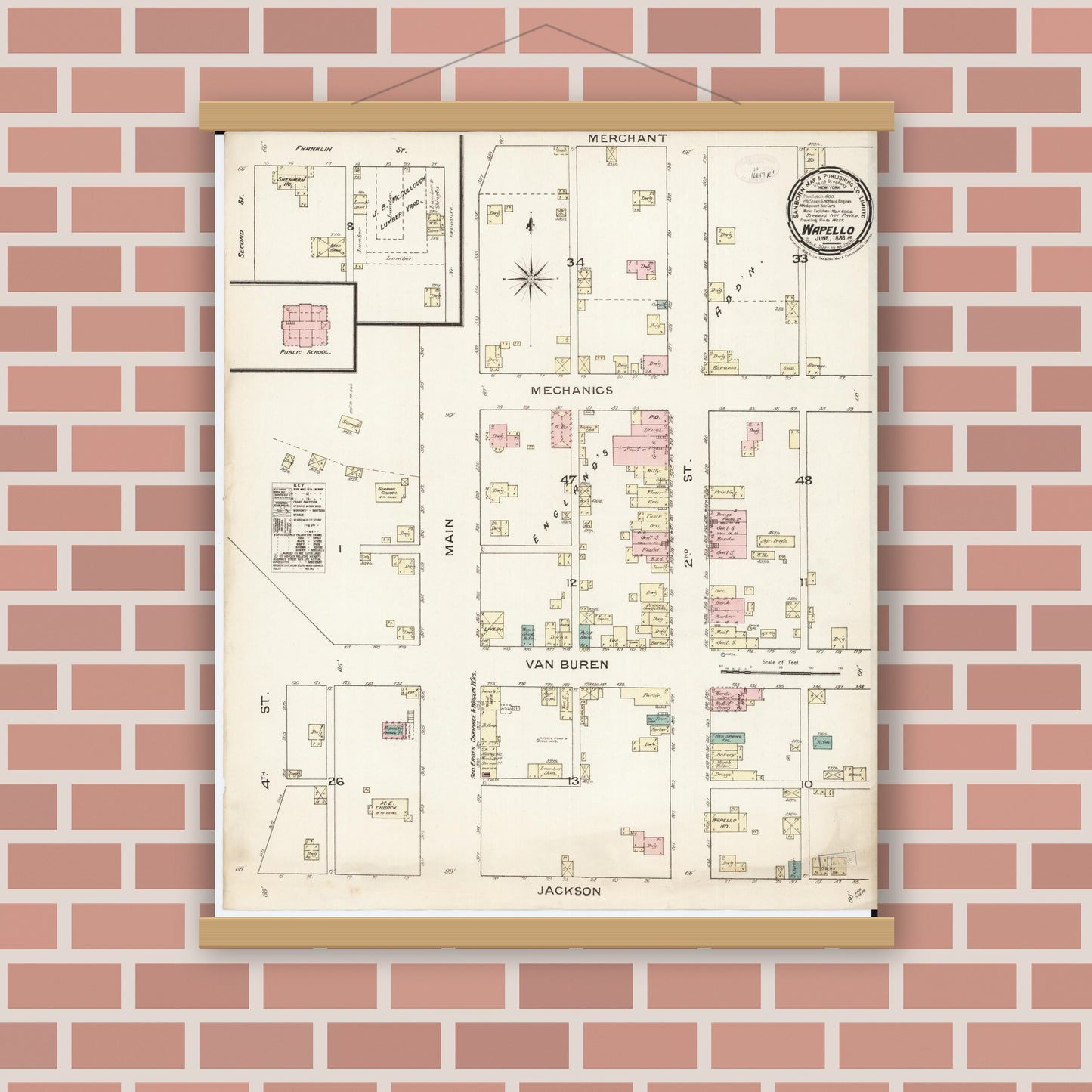 Old map wall art mockup — magnetic wood frame on brick wall — Sanborn Fire Insurance Map from Wapello, Louisa County, Iowa (1886), Sheet #0001