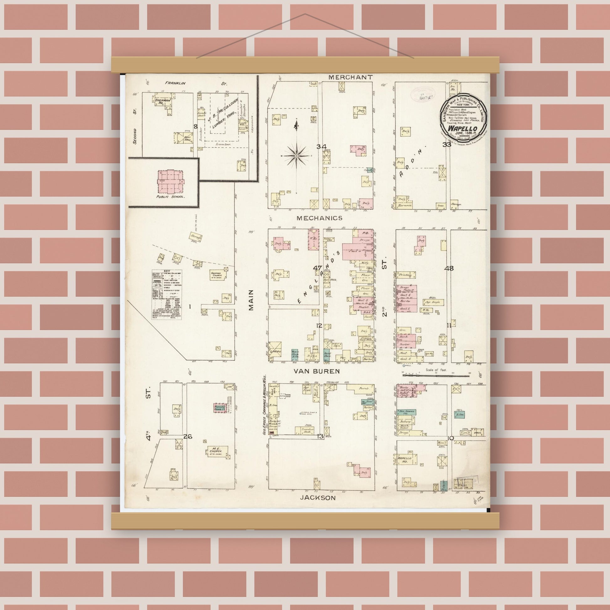 Old map wall art mockup — magnetic wood frame on brick wall — Sanborn Fire Insurance Map from Wapello, Louisa County, Iowa (1886), Sheet #0001