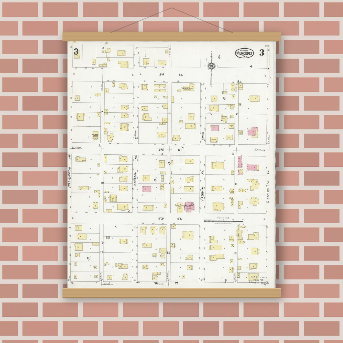 Old map wall art mockup — magnetic wood frame on brick wall — Sanborn Fire Insurance Map from Mercedes, Hidalgo County, Texas (1925), Sheet #0003