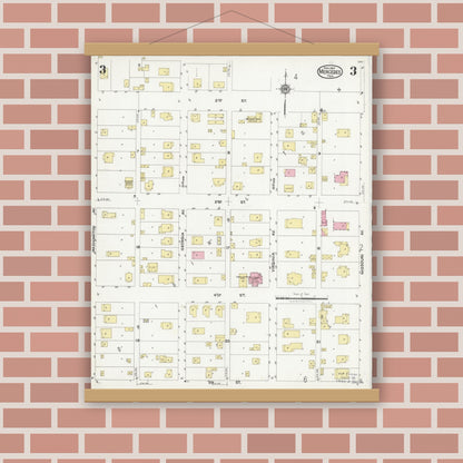 Old map wall art mockup — magnetic wood frame on brick wall — Sanborn Fire Insurance Map from Mercedes, Hidalgo County, Texas (1925), Sheet #0003