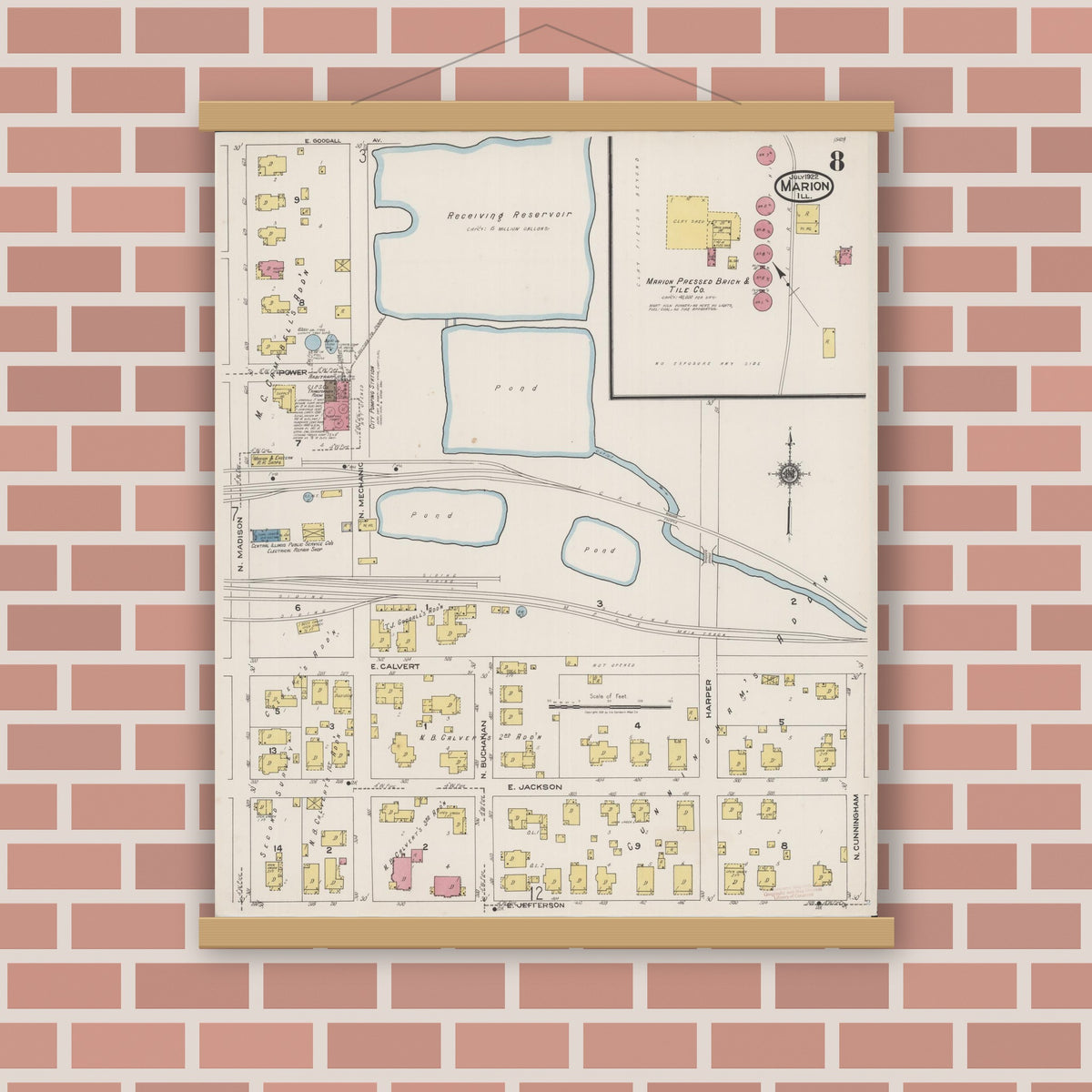 Old map wall art mockup — magnetic wood frame on brick wall — Sanborn Fire Insurance Map from Marion, Williamson County, Illinois (1922), Sheet #0008