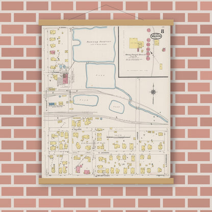 Old map wall art mockup — magnetic wood frame on brick wall — Sanborn Fire Insurance Map from Marion, Williamson County, Illinois (1922), Sheet #0008