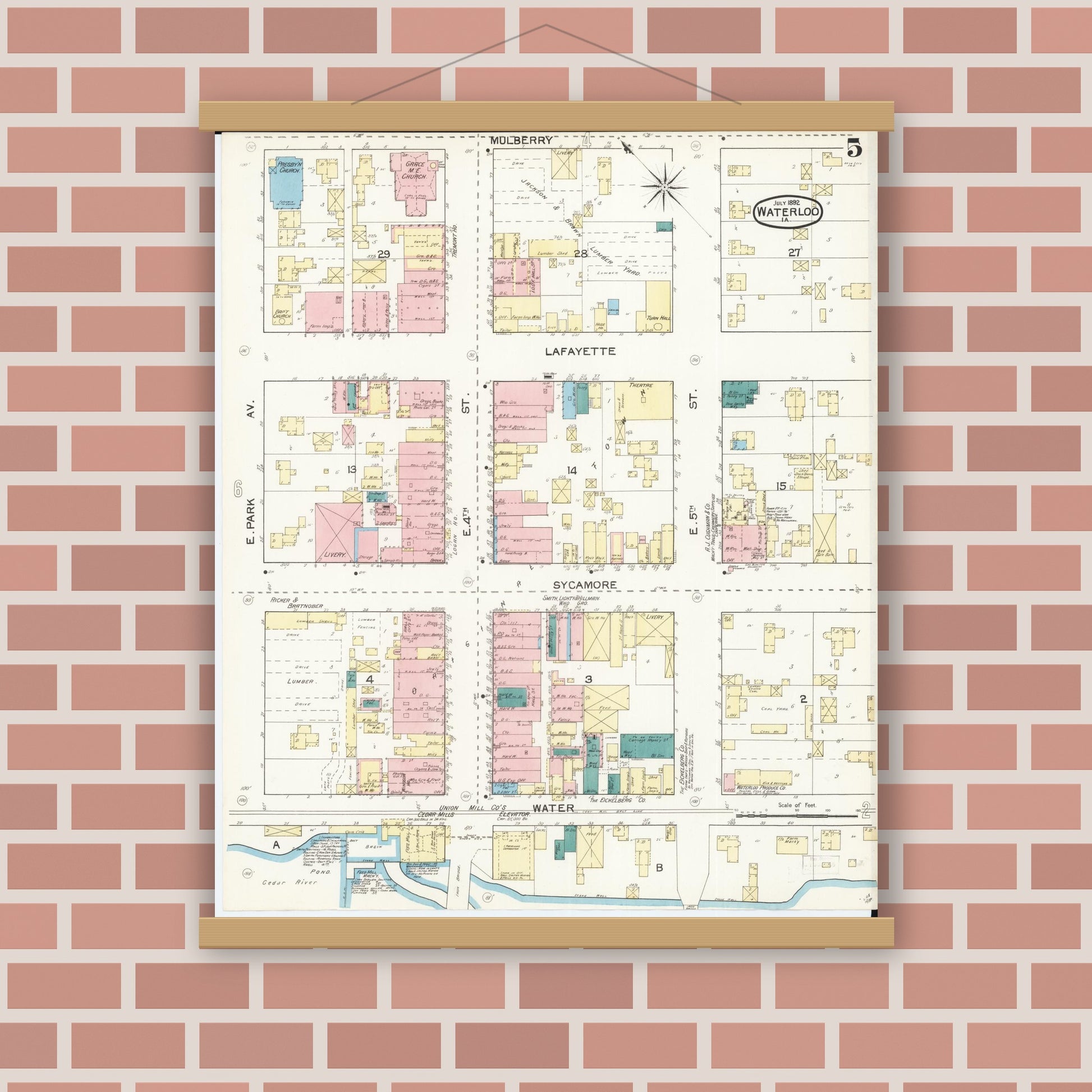Old map wall art mockup — magnetic wood frame on brick wall — Sanborn Fire Insurance Map from Waterloo, Black Hawk County, Iowa (1892), Sheet #0005