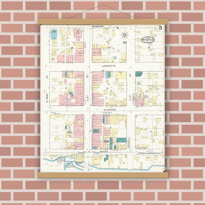 Old map wall art mockup — magnetic wood frame on brick wall — Sanborn Fire Insurance Map from Waterloo, Black Hawk County, Iowa (1892), Sheet #0005