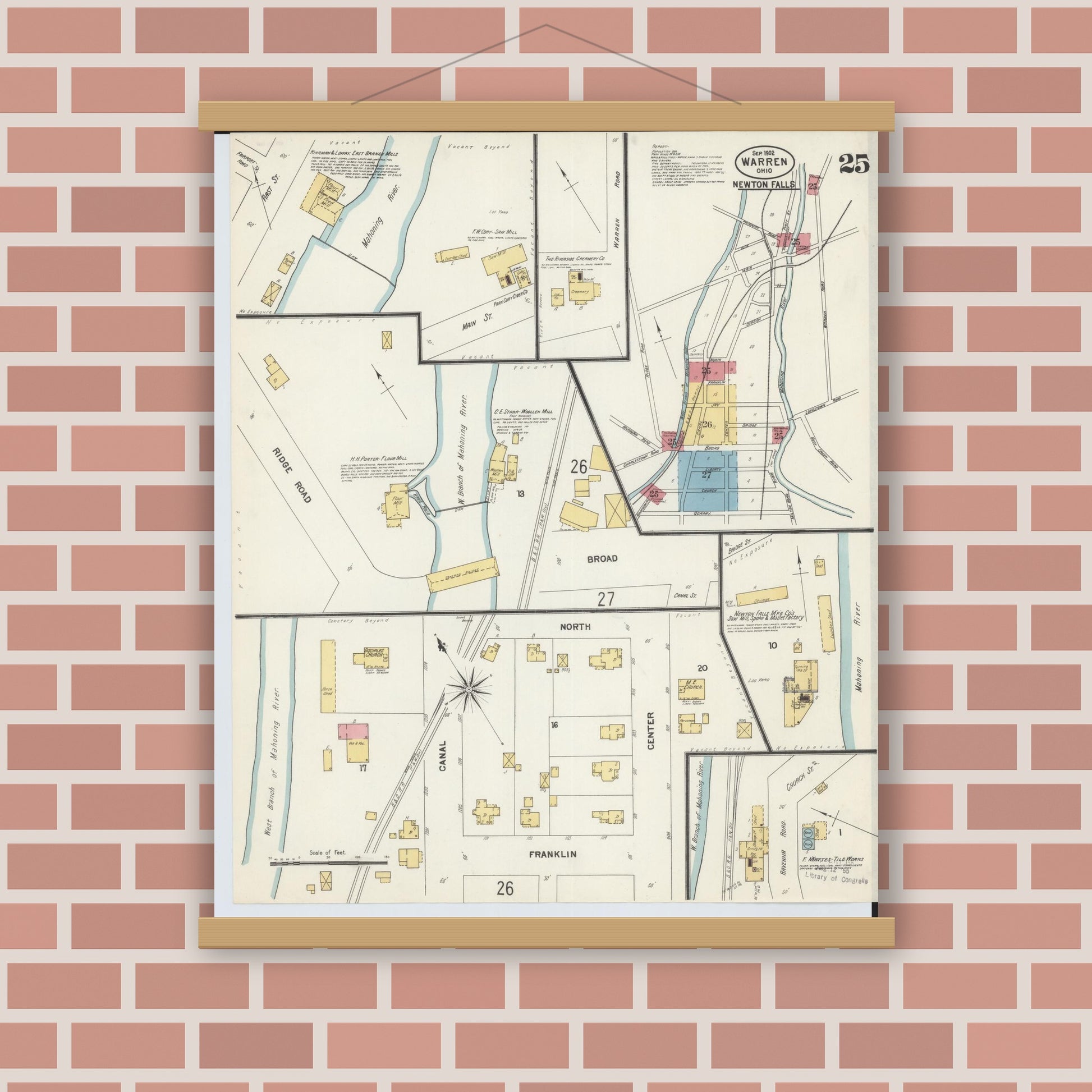 Old map wall art mockup — magnetic wood frame on brick wall — Sanborn Fire Insurance Map from Warren, Trumbull County, Ohio (1902), Sheet #0025
