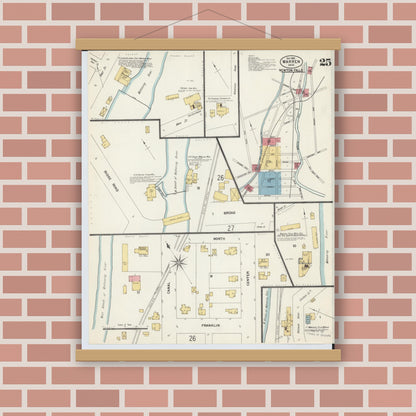 Old map wall art mockup — magnetic wood frame on brick wall — Sanborn Fire Insurance Map from Warren, Trumbull County, Ohio (1902), Sheet #0025