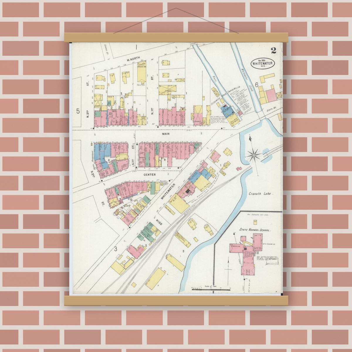 Old map wall art mockup — magnetic wood frame on brick wall — Sanborn Fire Insurance Map from Whitewater, Walworth County, Wisconsin (1898), Sheet #0002