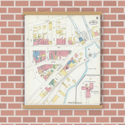 Old map wall art mockup — magnetic wood frame on brick wall — Sanborn Fire Insurance Map from Whitewater, Walworth County, Wisconsin (1898), Sheet #0002
