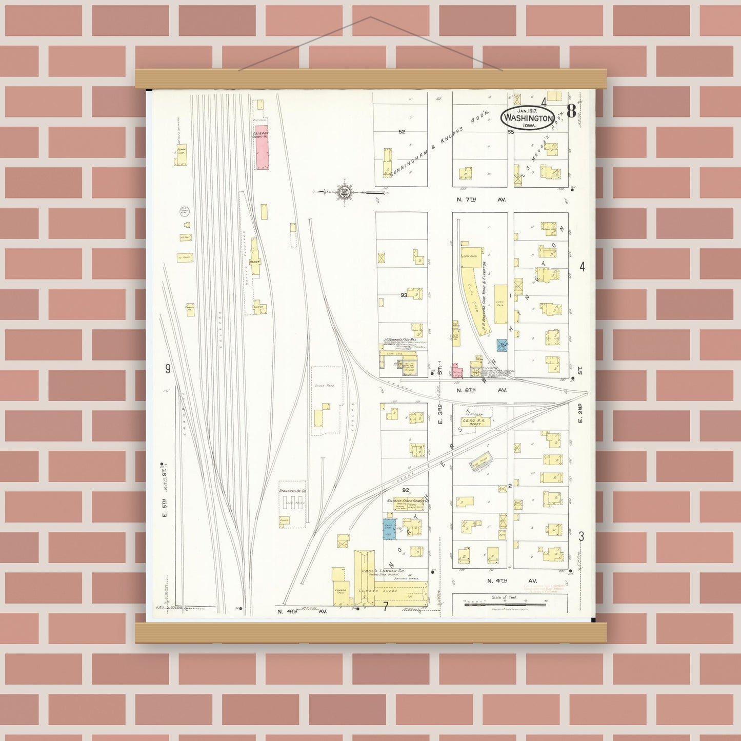 Old map wall art mockup — magnetic wood frame on brick wall — Sanborn Fire Insurance Map from Washington, Washington County, Iowa (1917), Sheet #0008