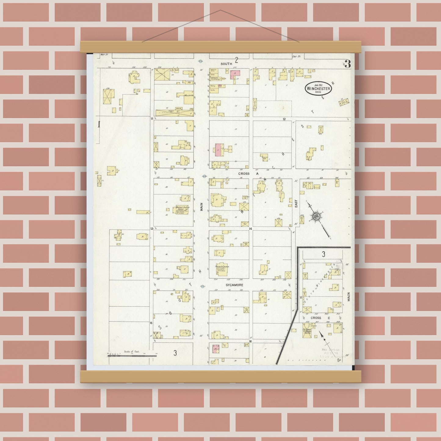 Old map wall art mockup — magnetic wood frame on brick wall — Sanborn Fire Insurance Map from Winchester, Adams County, Ohio (1912), Sheet #0003