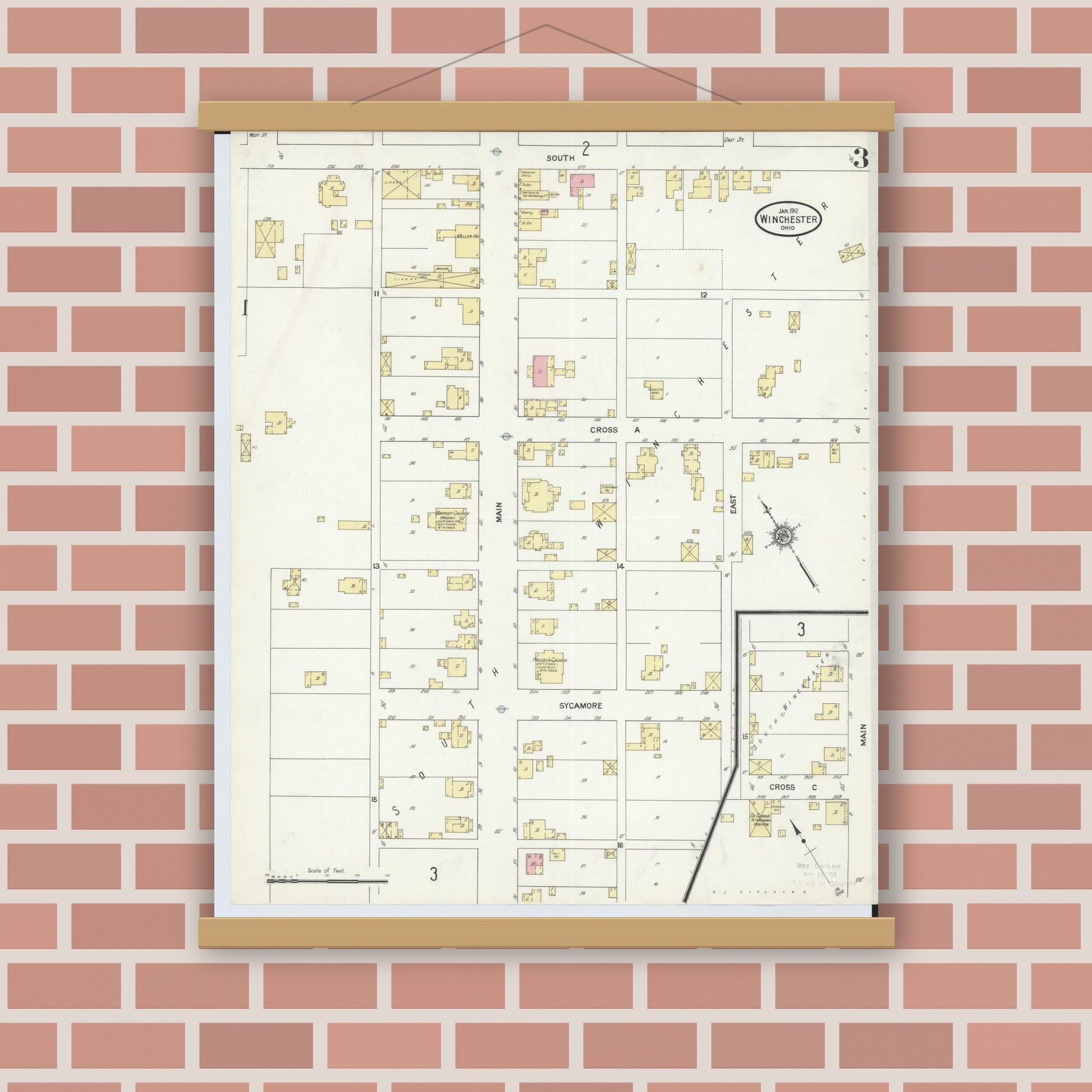 Old map wall art mockup — magnetic wood frame on brick wall — Sanborn Fire Insurance Map from Winchester, Adams County, Ohio (1912), Sheet #0003