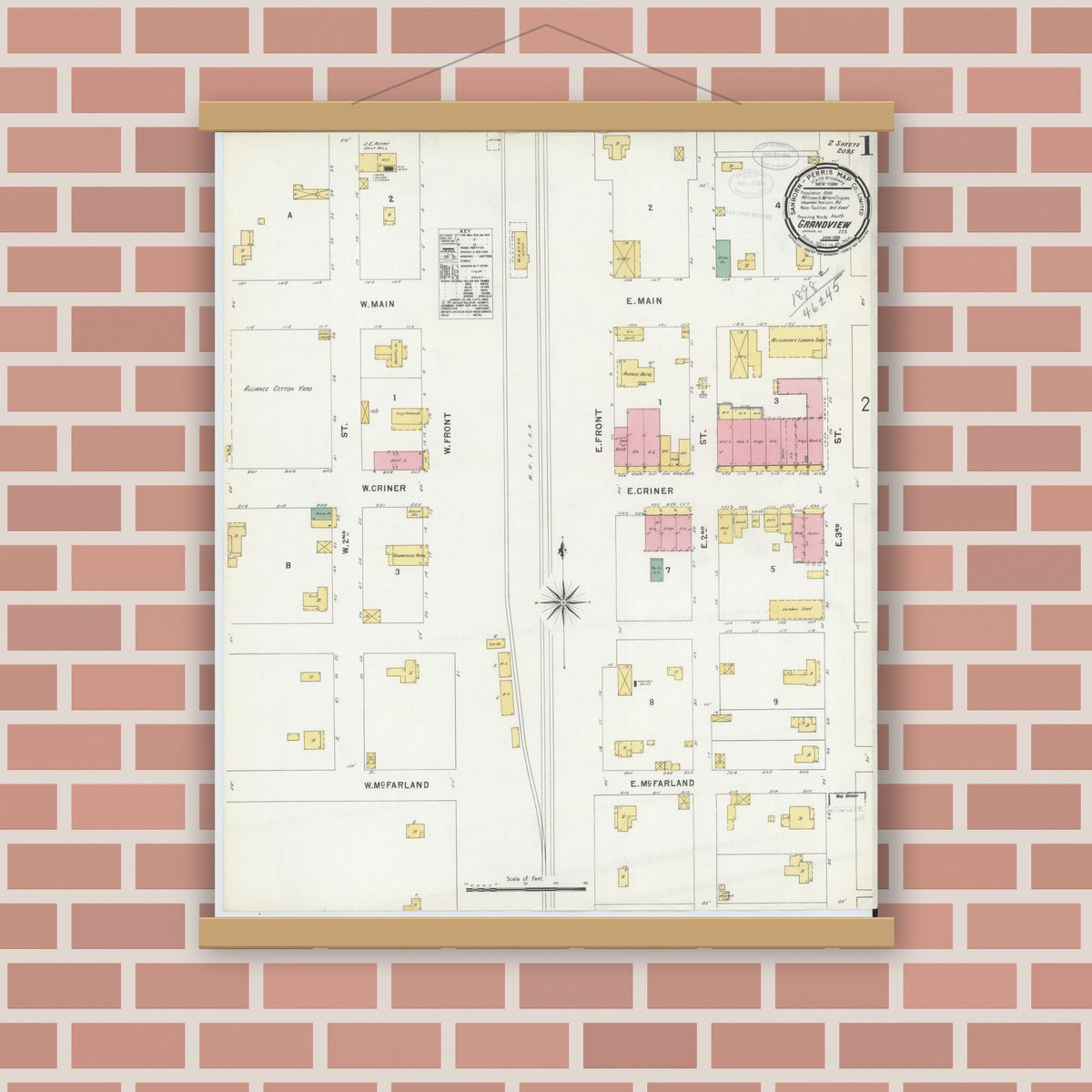 Old map wall art mockup — magnetic wood frame on brick wall — Sanborn Fire Insurance Map from Grandview, Johnson County, Texas (1898) - Complete Map Set