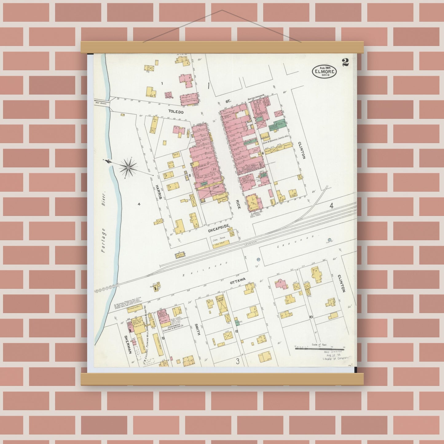 Old map wall art mockup — magnetic wood frame on brick wall — Sanborn Fire Insurance Map from Elmore, Ottawa County, Ohio (1904), Sheet #0002