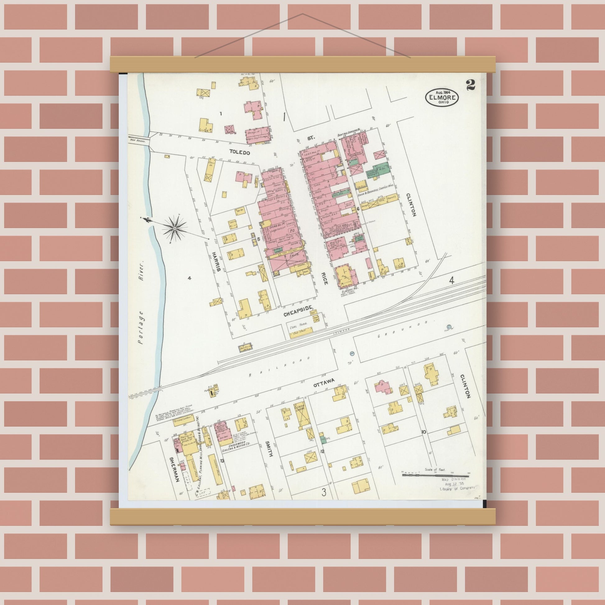 Old map wall art mockup — magnetic wood frame on brick wall — Sanborn Fire Insurance Map from Elmore, Ottawa County, Ohio (1904), Sheet #0002