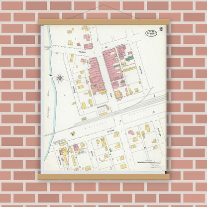 Old map wall art mockup — magnetic wood frame on brick wall — Sanborn Fire Insurance Map from Elmore, Ottawa County, Ohio (1904), Sheet #0002