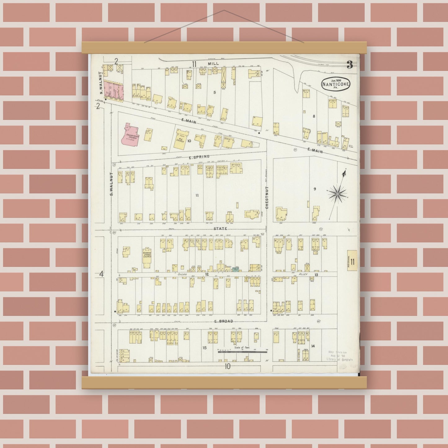 Old map wall art mockup — magnetic wood frame on brick wall — Sanborn Fire Insurance Map from Nanticoke, Luzerne County, Pennsylvania (1896), Sheet #0003