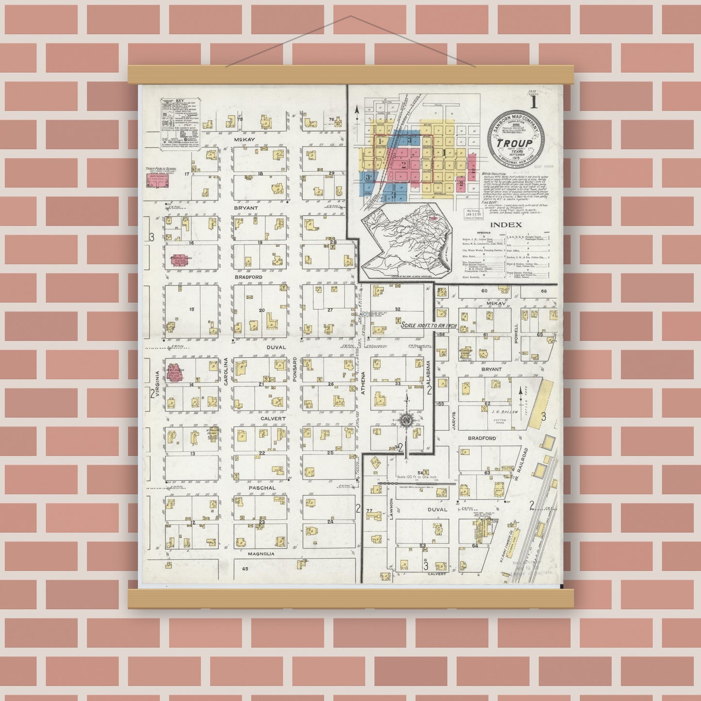 Old map wall art mockup — magnetic wood frame on brick wall — Sanborn Fire Insurance Map from Troup, Smith County, Texas (1919) - Complete Map Set