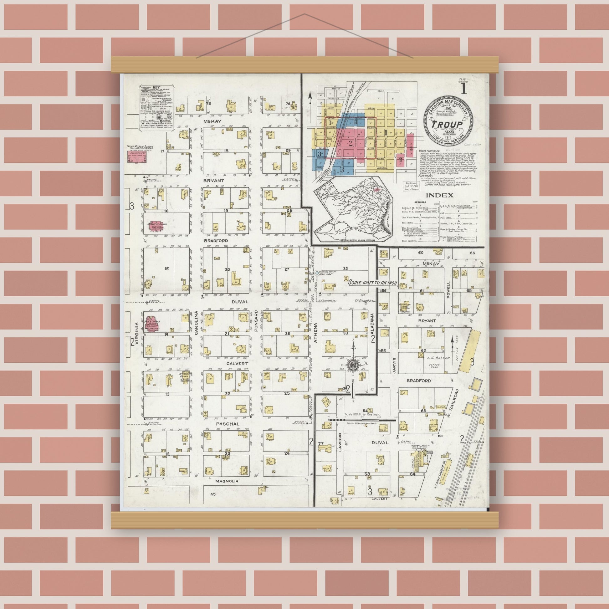 Old map wall art mockup — magnetic wood frame on brick wall — Sanborn Fire Insurance Map from Troup, Smith County, Texas (1919) - Complete Map Set