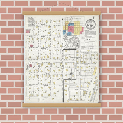 Old map wall art mockup — magnetic wood frame on brick wall — Sanborn Fire Insurance Map from Troup, Smith County, Texas (1919) - Complete Map Set