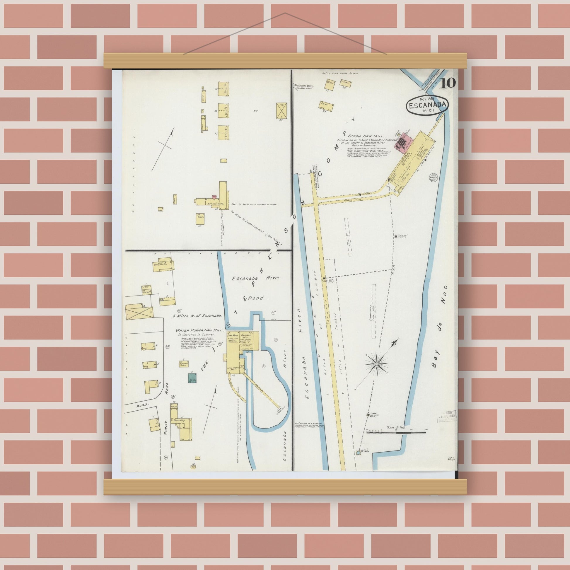 Old map wall art mockup — magnetic wood frame on brick wall — Sanborn Fire Insurance Map from Escanaba, Delta County, Michigan (1893), Sheet #0010