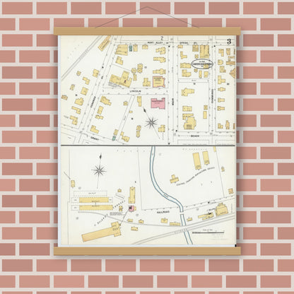 Old map wall art mockup — magnetic wood frame on brick wall — Sanborn Fire Insurance Map from Cambridge Springs, Crawford County, Pennsylvania (1899), Sheet #0003