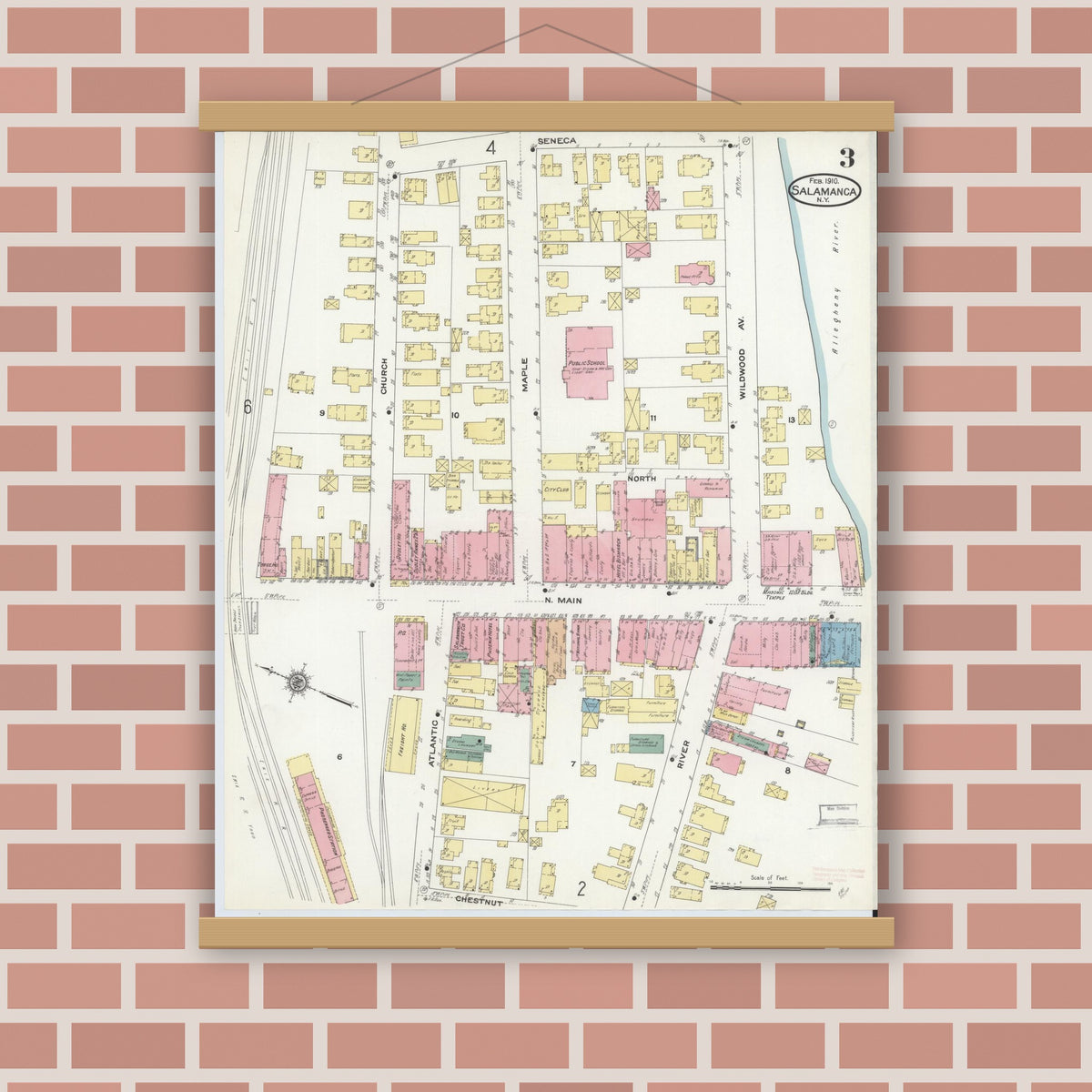 Old map wall art mockup — magnetic wood frame on brick wall — Sanborn Fire Insurance Map from Salamanca, Cattaraugus County, New York (1910), Sheet #0003