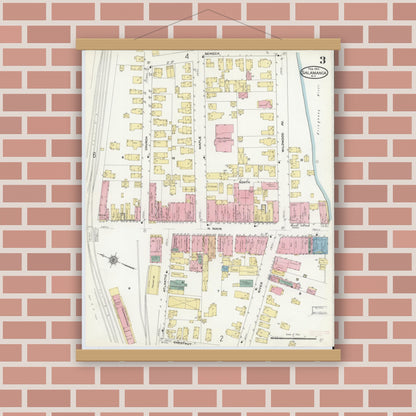 Old map wall art mockup — magnetic wood frame on brick wall — Sanborn Fire Insurance Map from Salamanca, Cattaraugus County, New York (1910), Sheet #0003