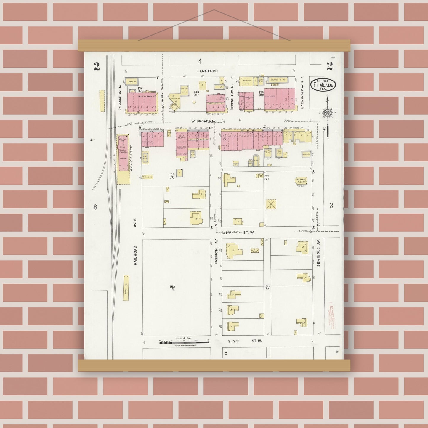 Old map wall art mockup — magnetic wood frame on brick wall — Sanborn Fire Insurance Map from Fort Meade, Polk County, Florida (1924), Sheet #0002