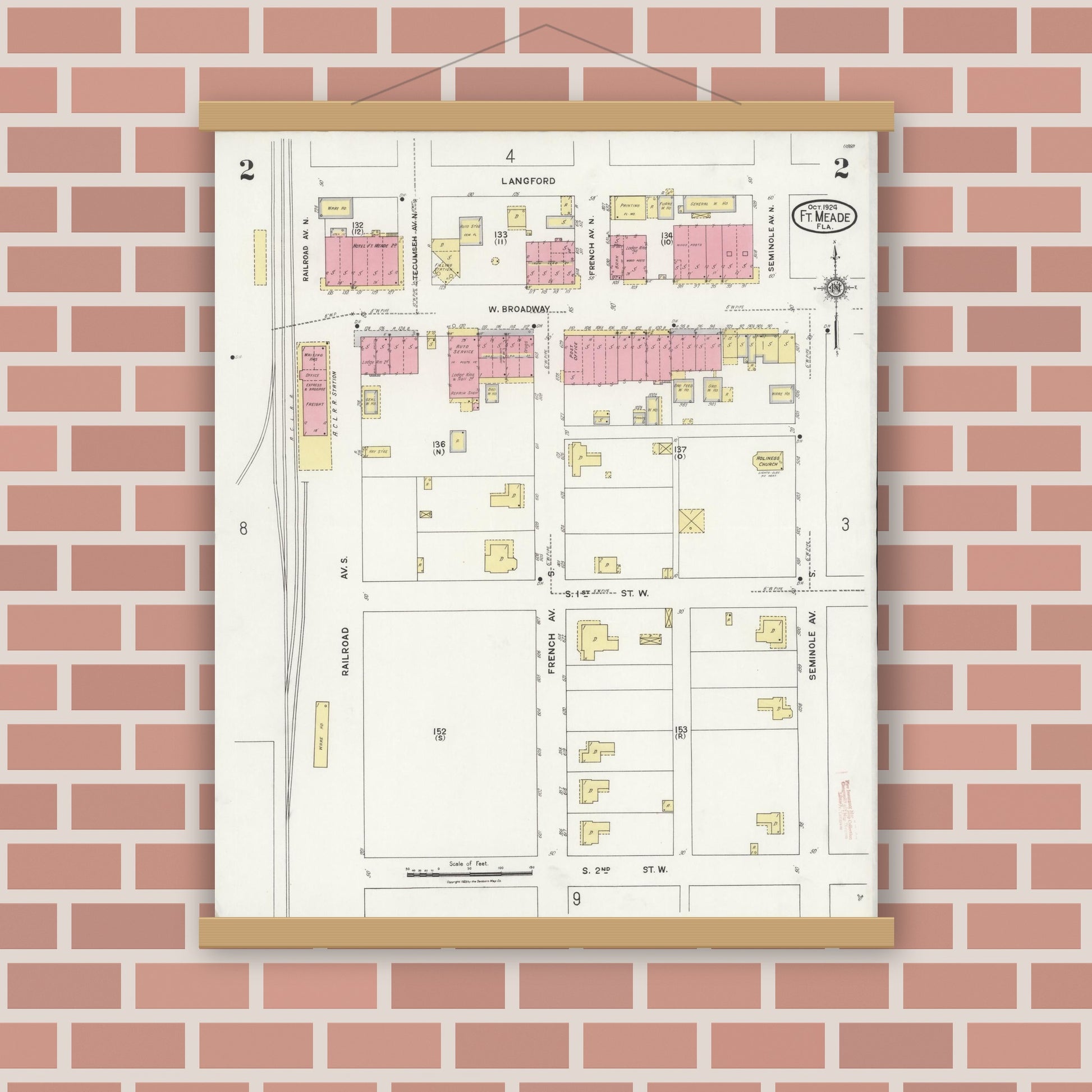 Old map wall art mockup — magnetic wood frame on brick wall — Sanborn Fire Insurance Map from Fort Meade, Polk County, Florida (1924), Sheet #0002