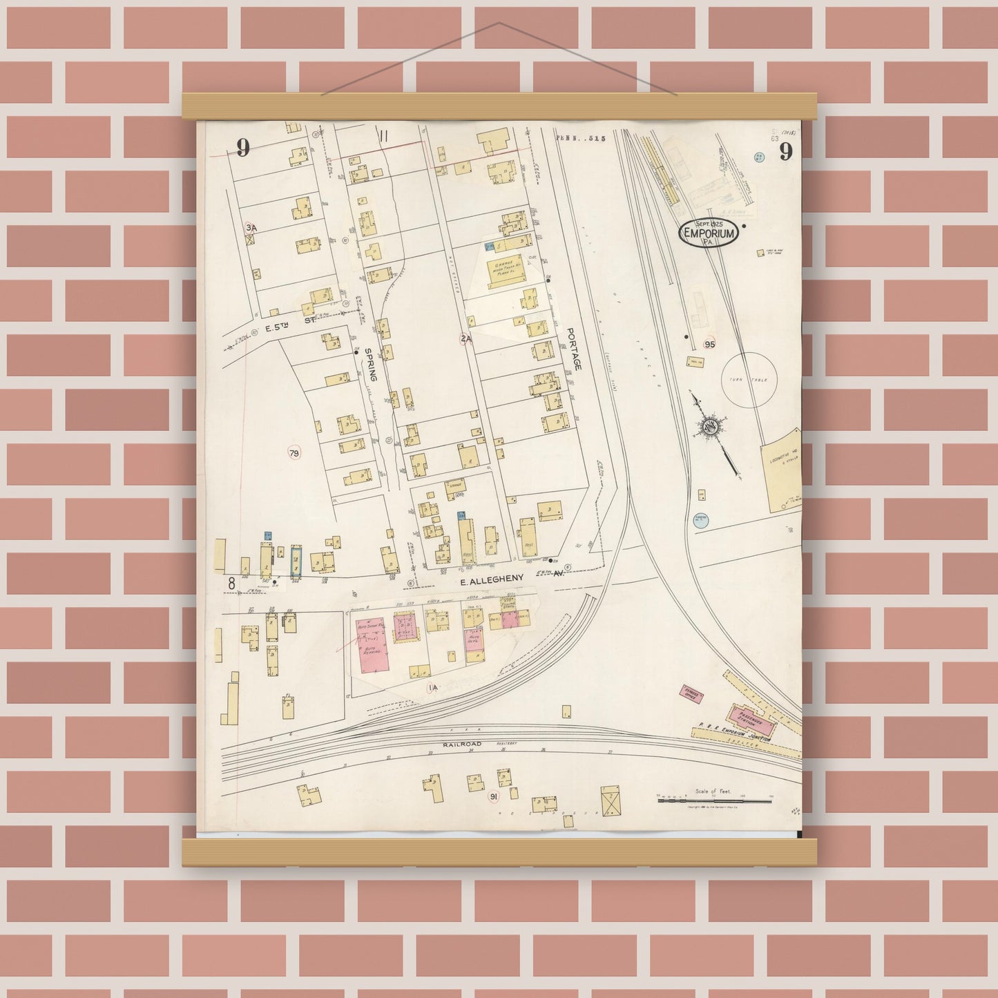 Old map wall art mockup — magnetic wood frame on brick wall — Sanborn Fire Insurance Map from Emporium, Cameron County, Pennsylvania (1938), Sheet #0009