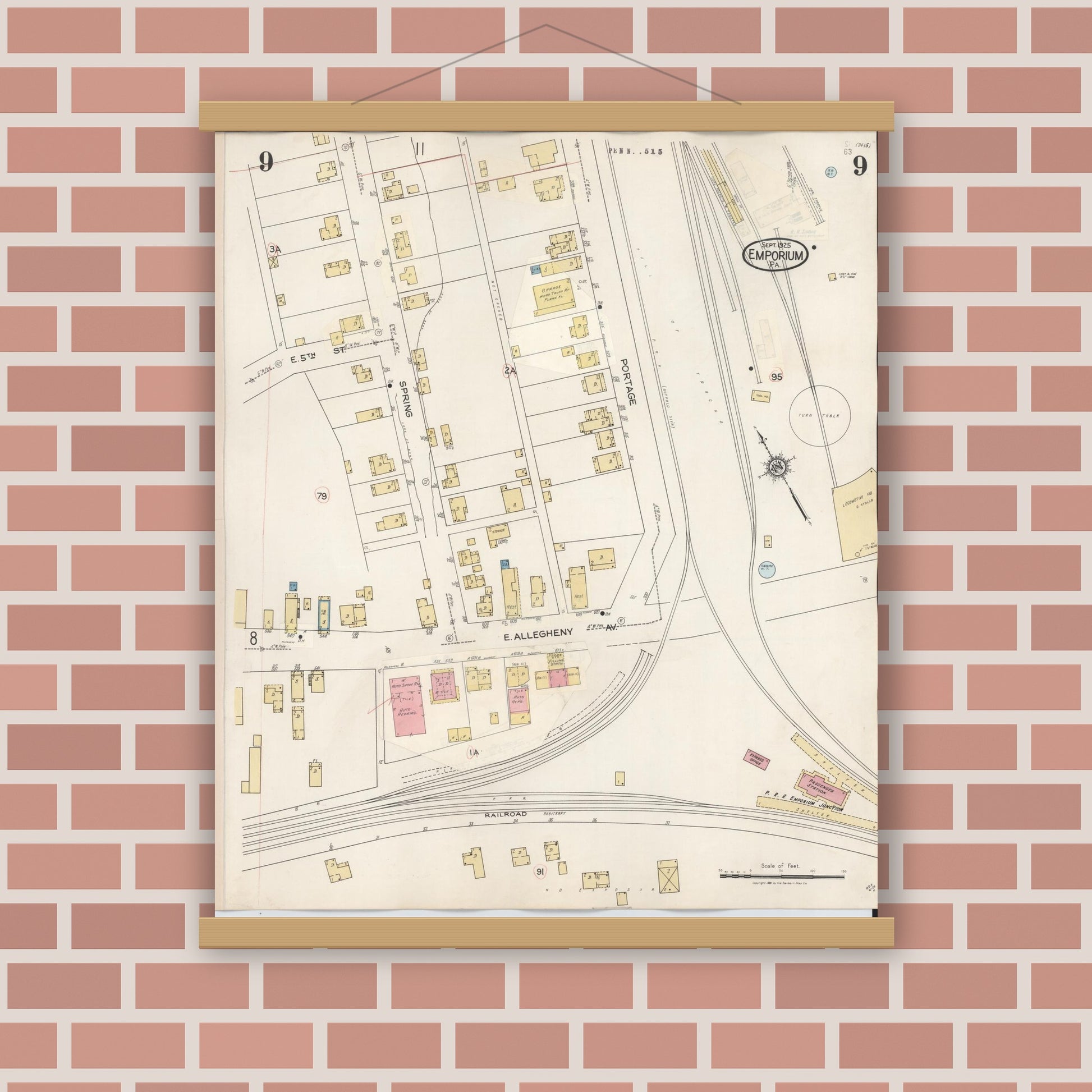 Old map wall art mockup — magnetic wood frame on brick wall — Sanborn Fire Insurance Map from Emporium, Cameron County, Pennsylvania (1938), Sheet #0009