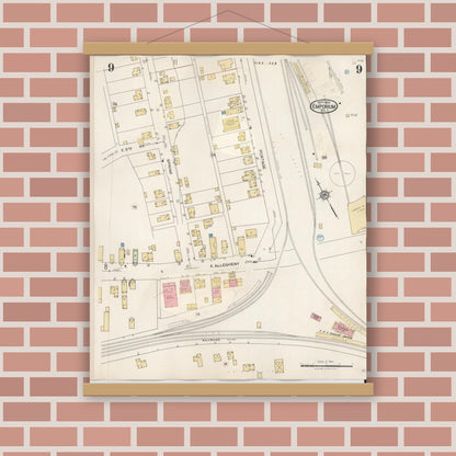 Old map wall art mockup — magnetic wood frame on brick wall — Sanborn Fire Insurance Map from Emporium, Cameron County, Pennsylvania (1938), Sheet #0009