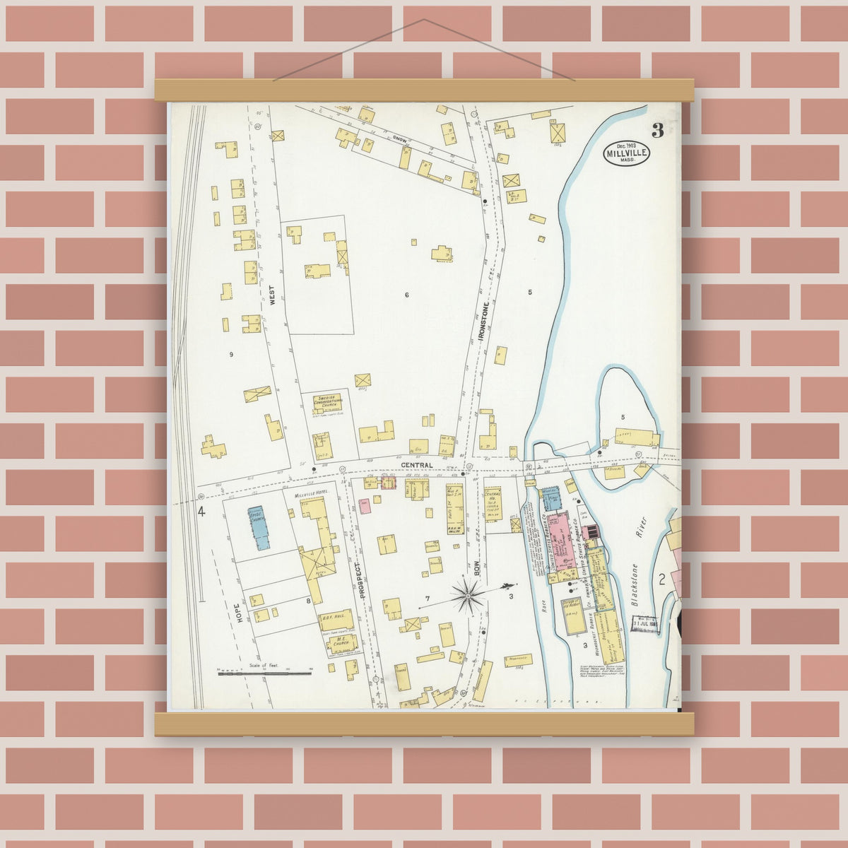 Old map wall art mockup — magnetic wood frame on brick wall — Sanborn Fire Insurance Map from Millville, Worcester County, Massachusetts (1903), Sheet #0003