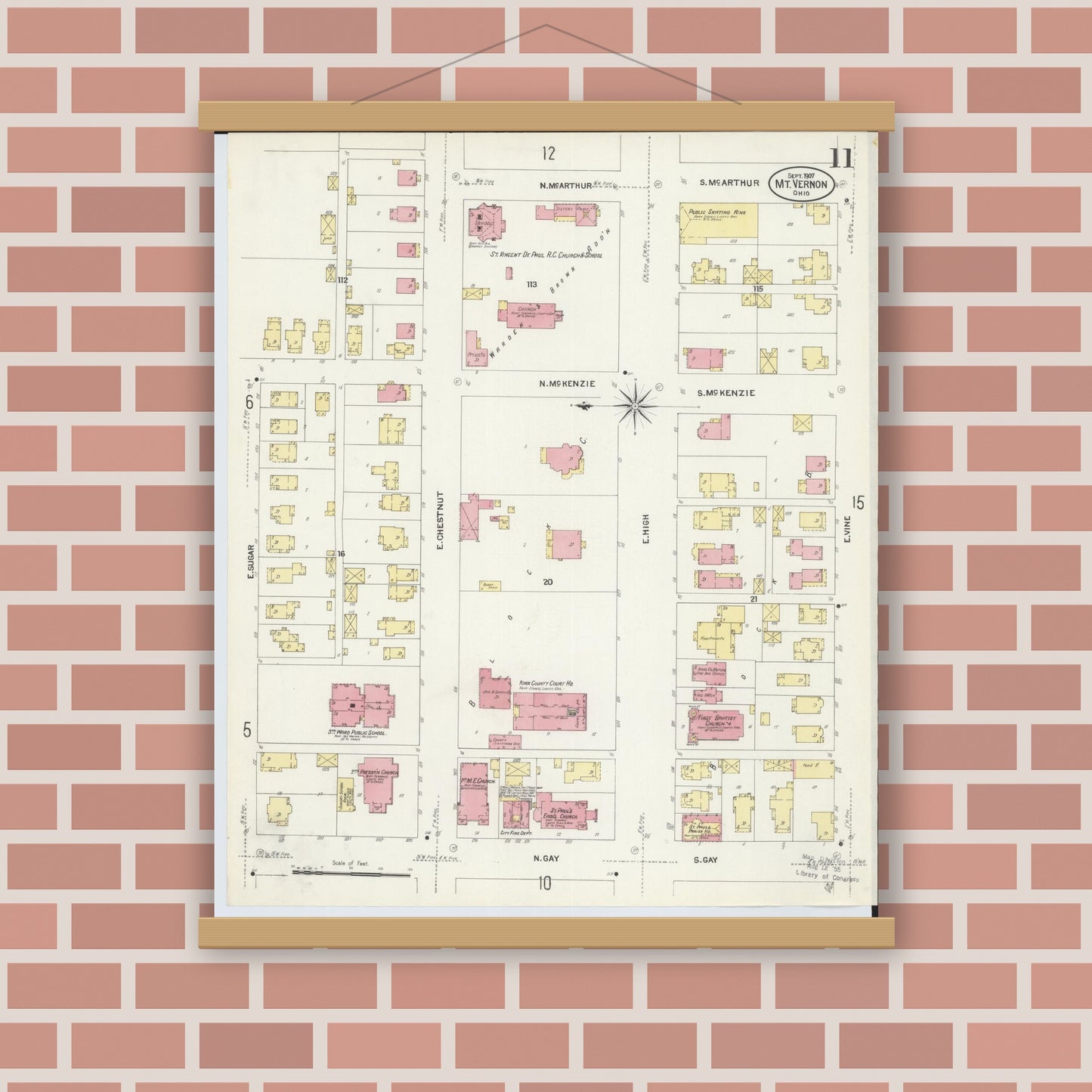 Old map wall art mockup — magnetic wood frame on brick wall — Sanborn Fire Insurance Map from Mount Vernon, Knox County, Ohio (1907), Sheet #0011