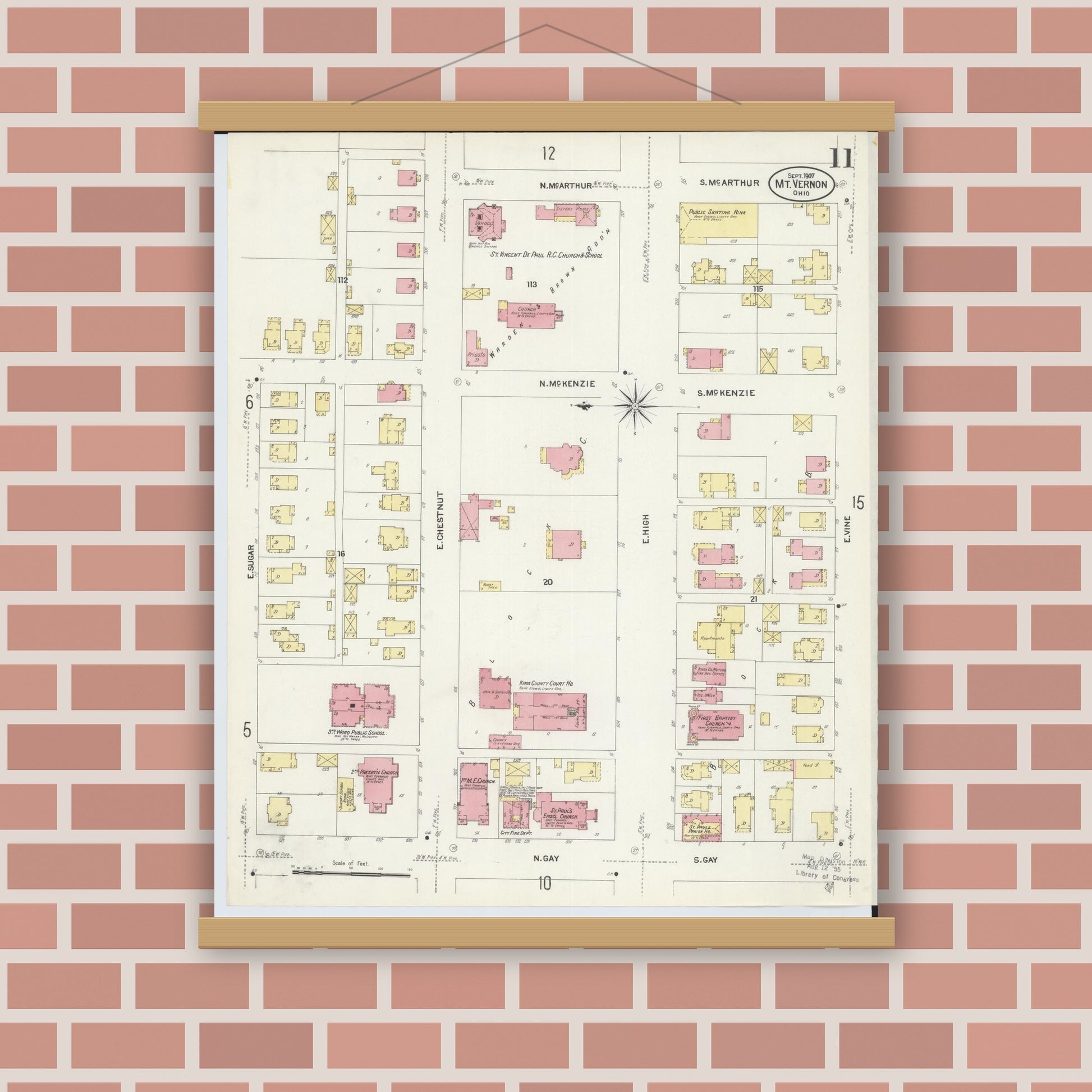 Old map wall art mockup — magnetic wood frame on brick wall — Sanborn Fire Insurance Map from Mount Vernon, Knox County, Ohio (1907), Sheet #0011