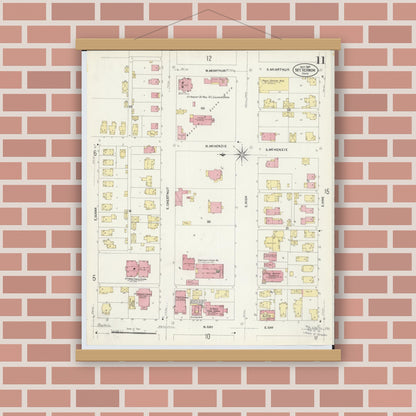 Old map wall art mockup — magnetic wood frame on brick wall — Sanborn Fire Insurance Map from Mount Vernon, Knox County, Ohio (1907), Sheet #0011