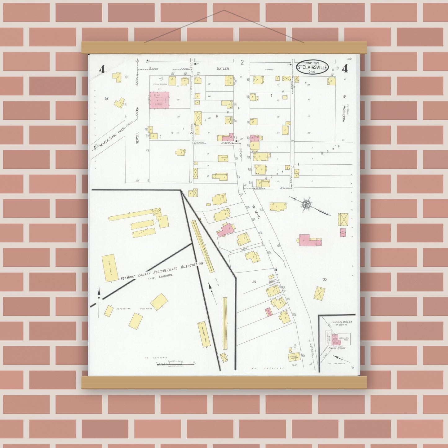 Old map wall art mockup — magnetic wood frame on brick wall — Sanborn Fire Insurance Map from Saint Clairsville, Belmont County, Ohio (1929), Sheet #0004