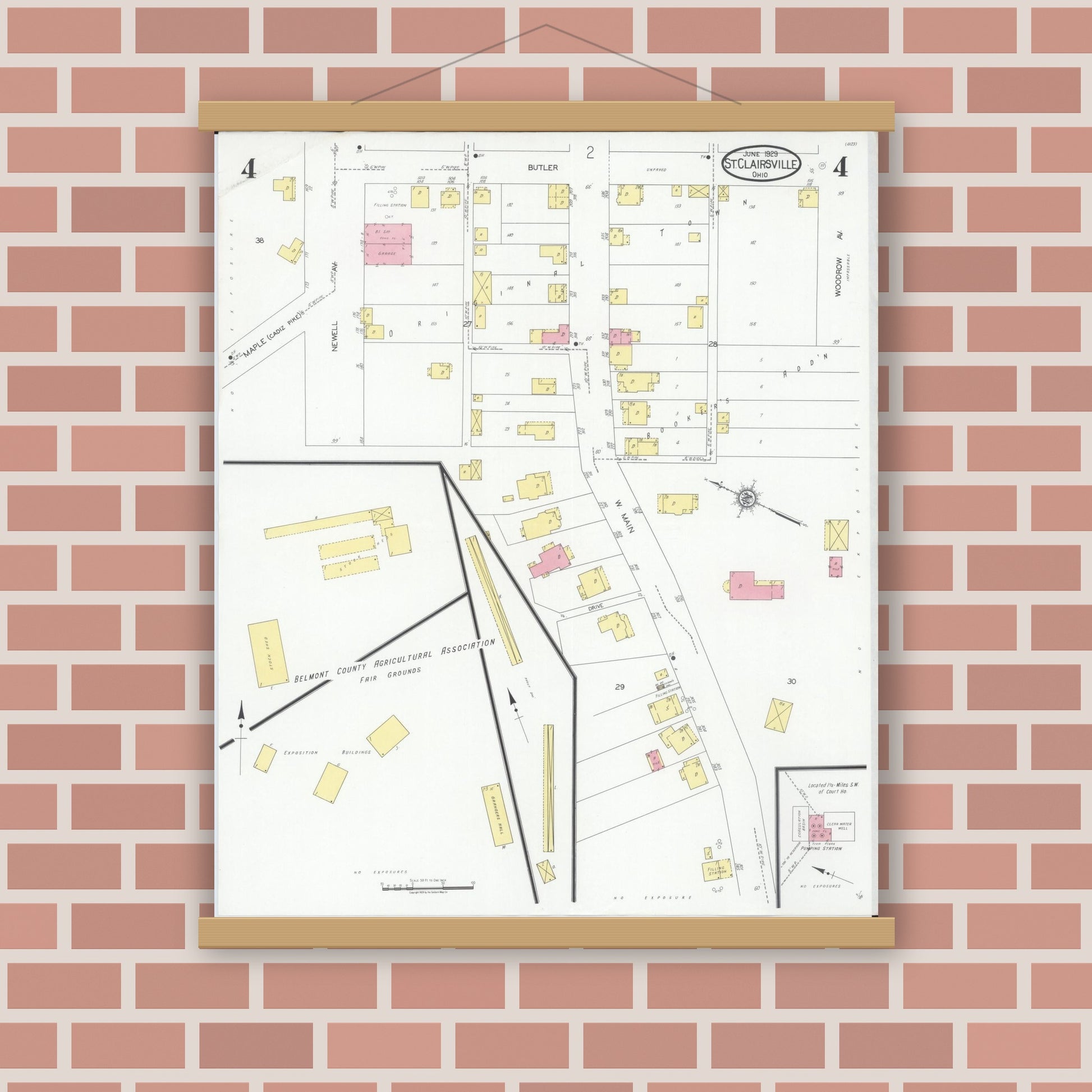 Old map wall art mockup — magnetic wood frame on brick wall — Sanborn Fire Insurance Map from Saint Clairsville, Belmont County, Ohio (1929), Sheet #0004