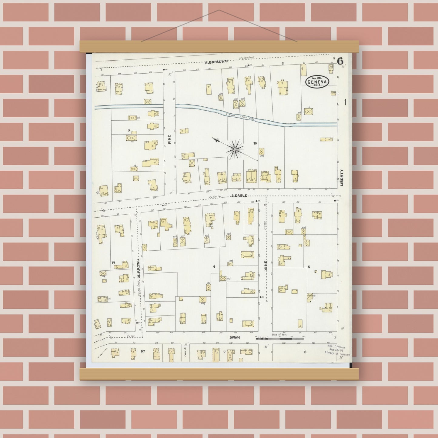 Old map wall art mockup — magnetic wood frame on brick wall — Sanborn Fire Insurance Map from Geneva, Ashtabula County, Ohio (1904), Sheet #0006