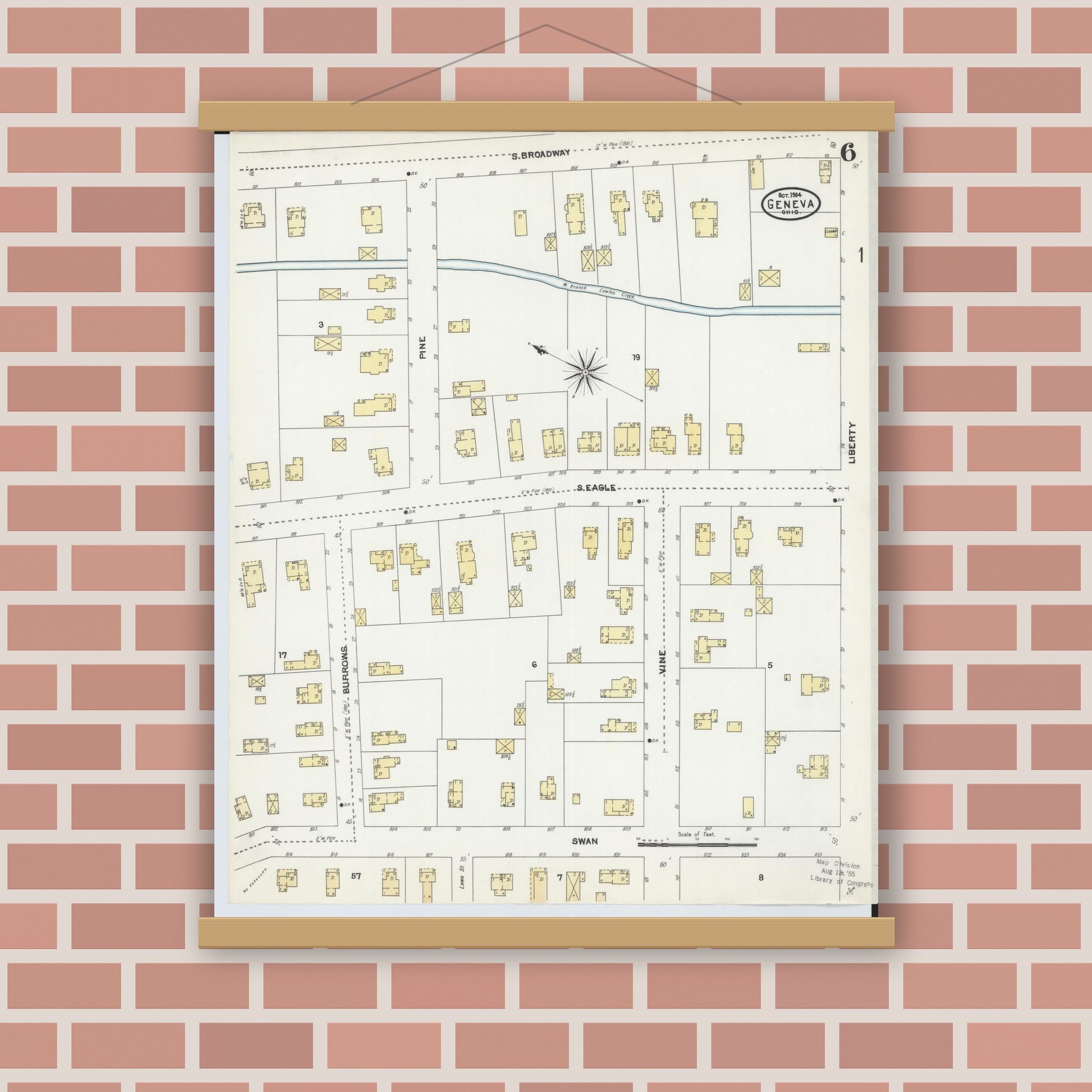Old map wall art mockup — magnetic wood frame on brick wall — Sanborn Fire Insurance Map from Geneva, Ashtabula County, Ohio (1904), Sheet #0006