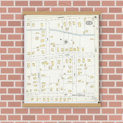 Old map wall art mockup — magnetic wood frame on brick wall — Sanborn Fire Insurance Map from Geneva, Ashtabula County, Ohio (1904), Sheet #0006