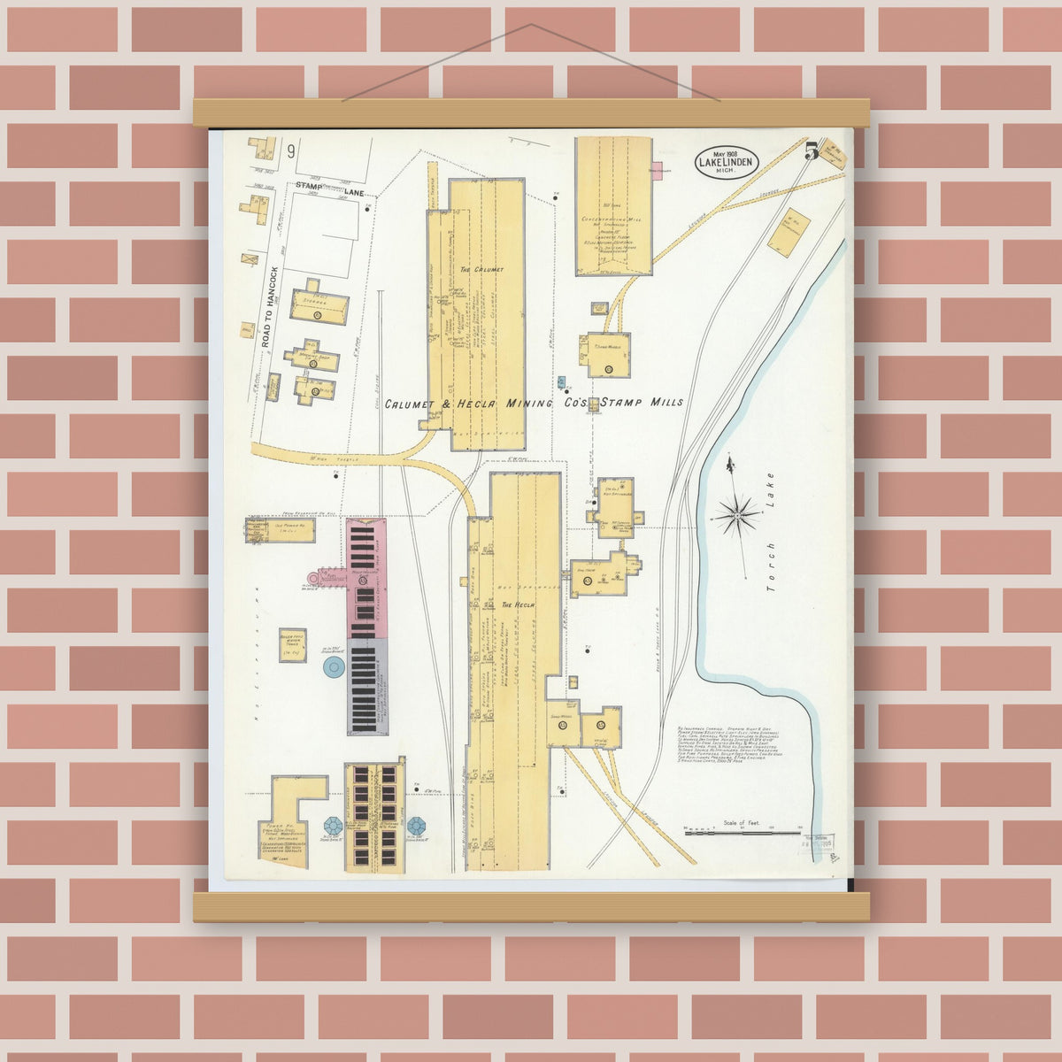 Old map wall art mockup — magnetic wood frame on brick wall — Sanborn Fire Insurance Map from Lake Linden, Houghton County, Michigan (1908), Sheet #0005