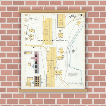 Old map wall art mockup — magnetic wood frame on brick wall — Sanborn Fire Insurance Map from Lake Linden, Houghton County, Michigan (1908), Sheet #0005