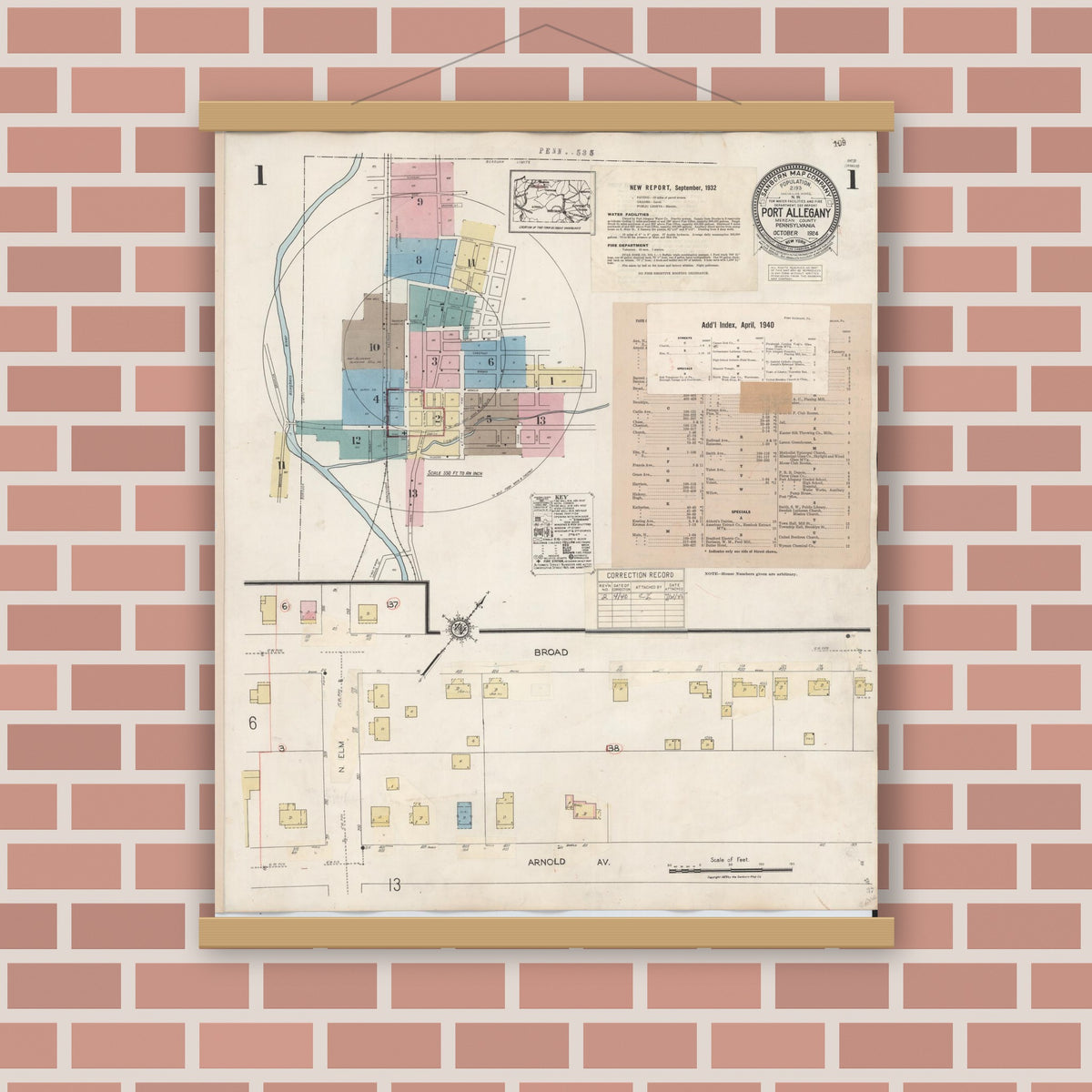 Old map wall art mockup — magnetic wood frame on brick wall — Sanborn Fire Insurance Map from Port Allegany, McKean County, Pennsylvania (1940) - Complete Map Set