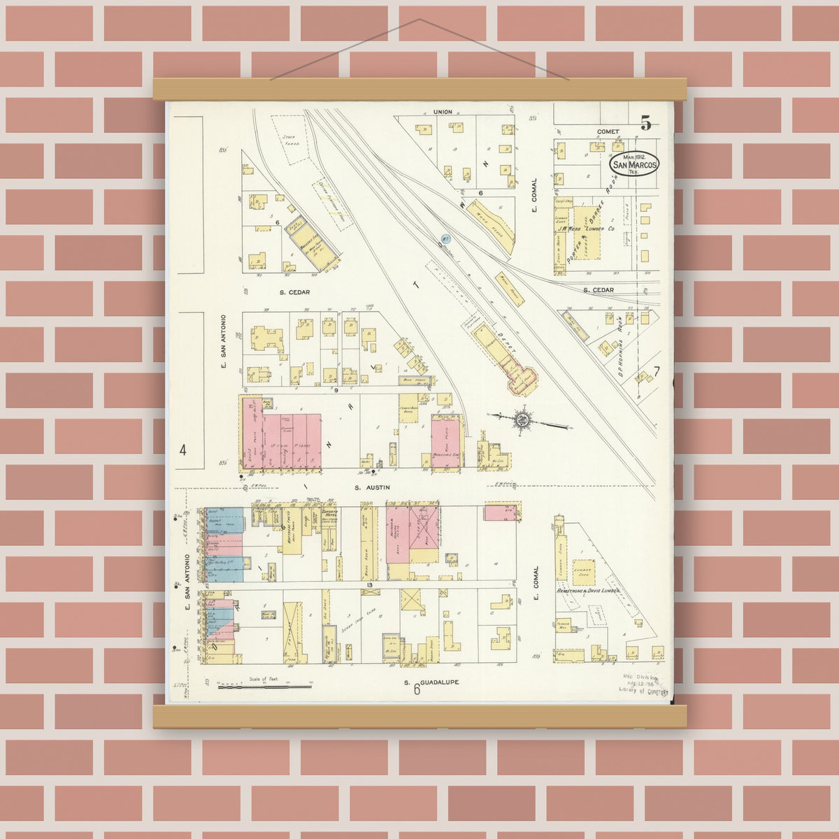 Old map wall art mockup — magnetic wood frame on brick wall — Sanborn Fire Insurance Map from San Marcos, Hays County, Texas (1912), Sheet #0005
