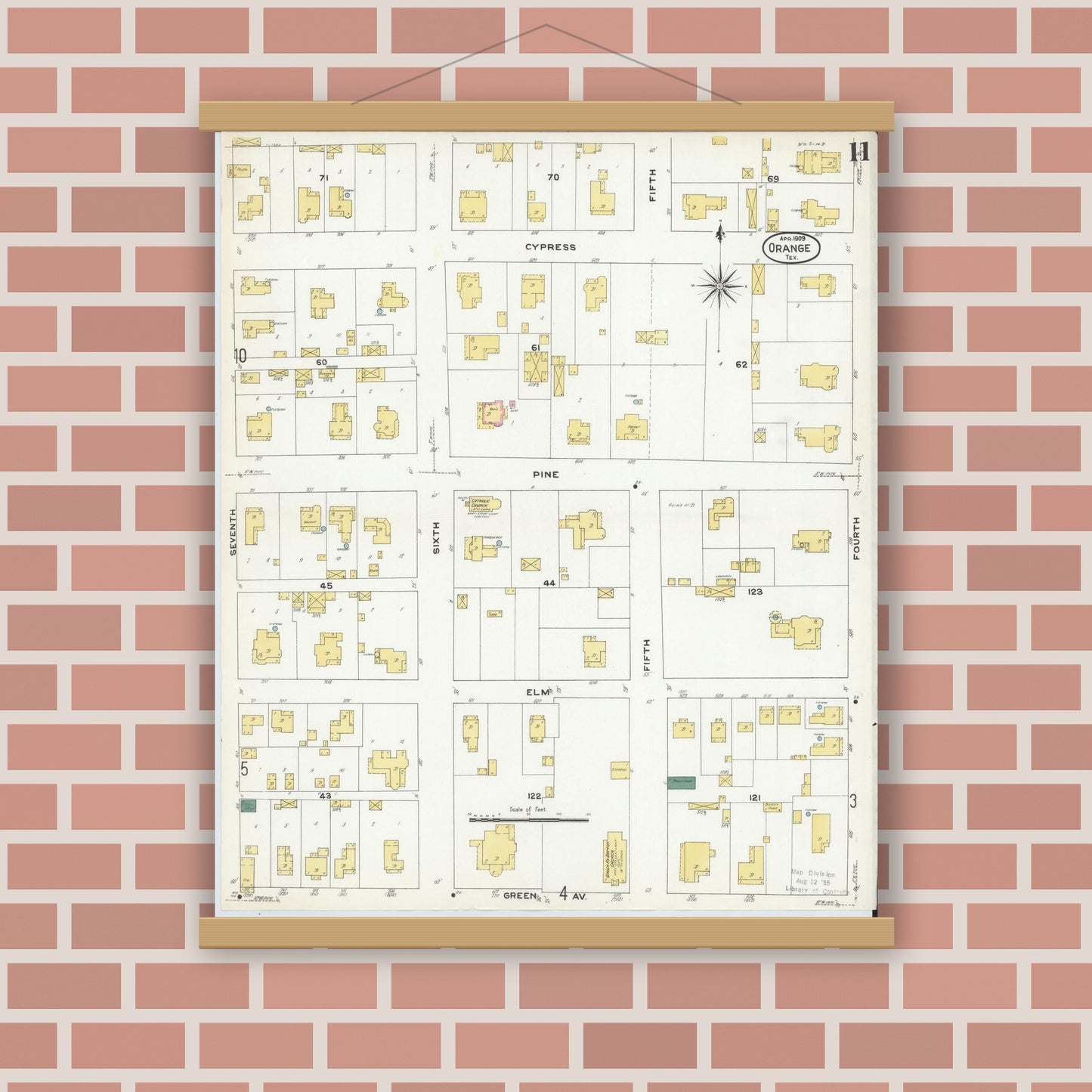 Old map wall art mockup — magnetic wood frame on brick wall — Sanborn Fire Insurance Map from Orange, Orange County, Texas (1909), Sheet #0011