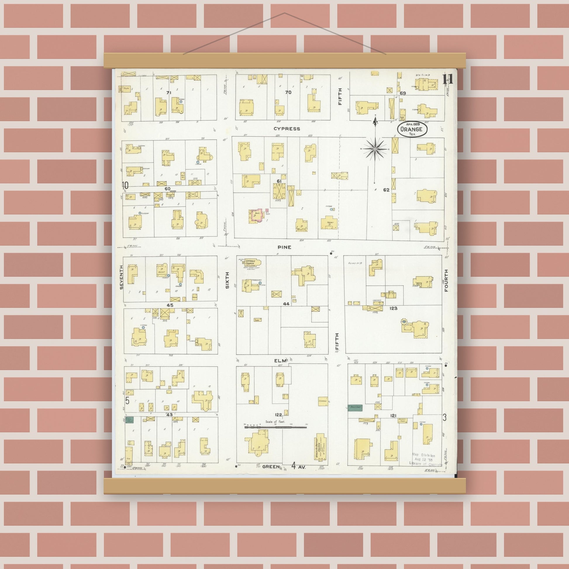 Old map wall art mockup — magnetic wood frame on brick wall — Sanborn Fire Insurance Map from Orange, Orange County, Texas (1909), Sheet #0011