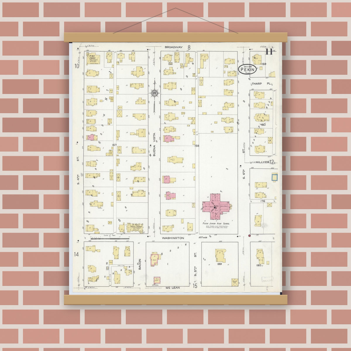 Old map wall art mockup — magnetic wood frame on brick wall — Sanborn Fire Insurance Map from Pekin, Tazewell County, Illinois (1916), Sheet #0011