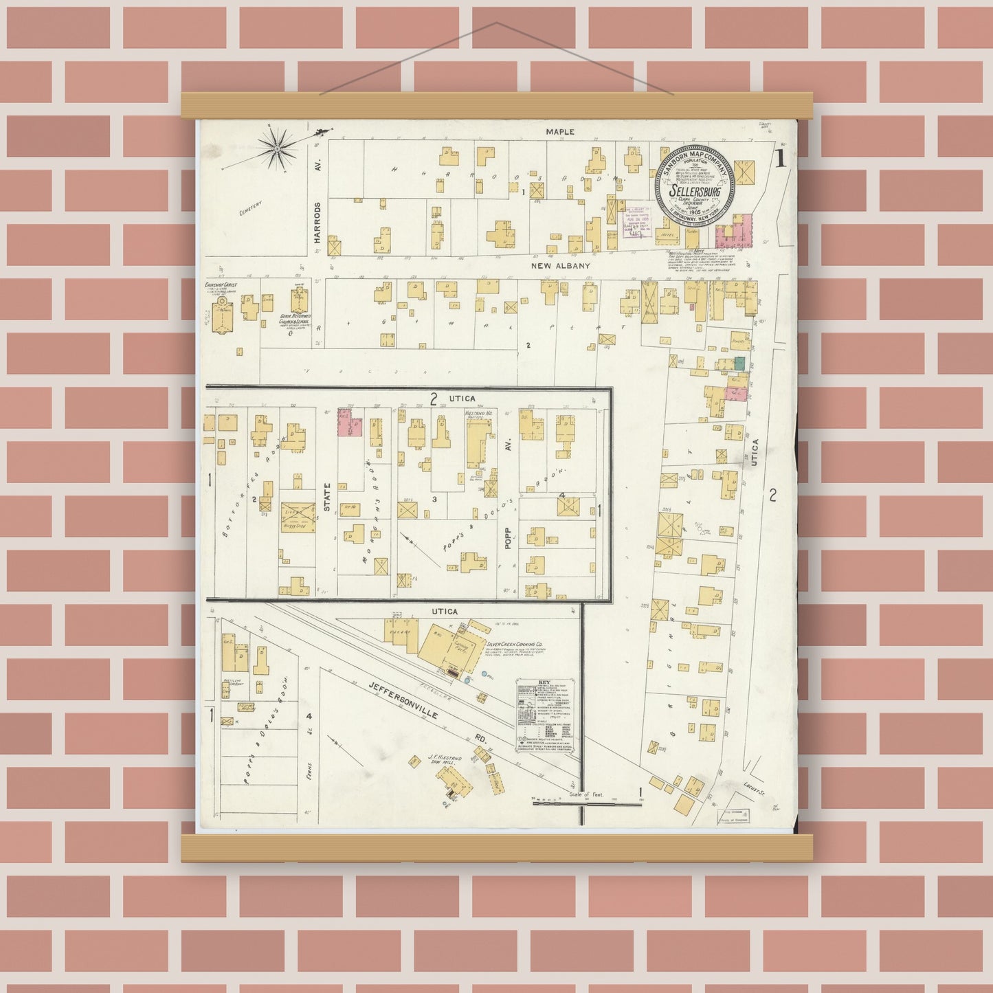 Old map wall art mockup — magnetic wood frame on brick wall — Sanborn Fire Insurance Map from Sellersburg, Clark County, Indiana (1905) - Complete Map Set