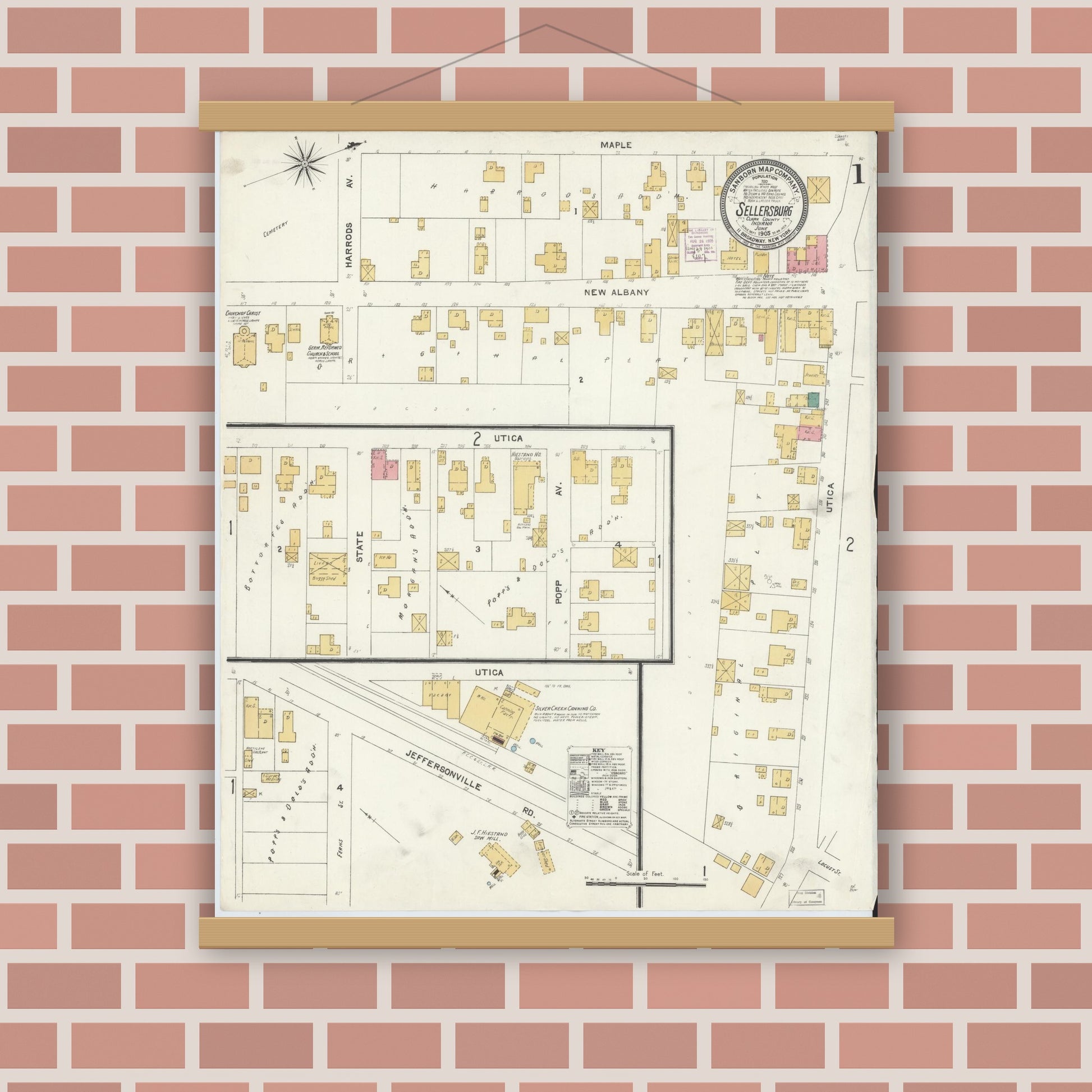 Old map wall art mockup — magnetic wood frame on brick wall — Sanborn Fire Insurance Map from Sellersburg, Clark County, Indiana (1905) - Complete Map Set